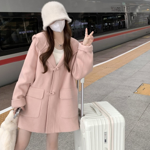 胖妹妹韩版 2025秋冬新款 宽松少女蜜桃粉连帽毛呢大衣外套 女装 大码