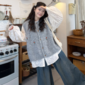 大码 花朵针织马甲牛仔裤 女装 2026早春胖mm显瘦一整套宽松刺绣衬衫