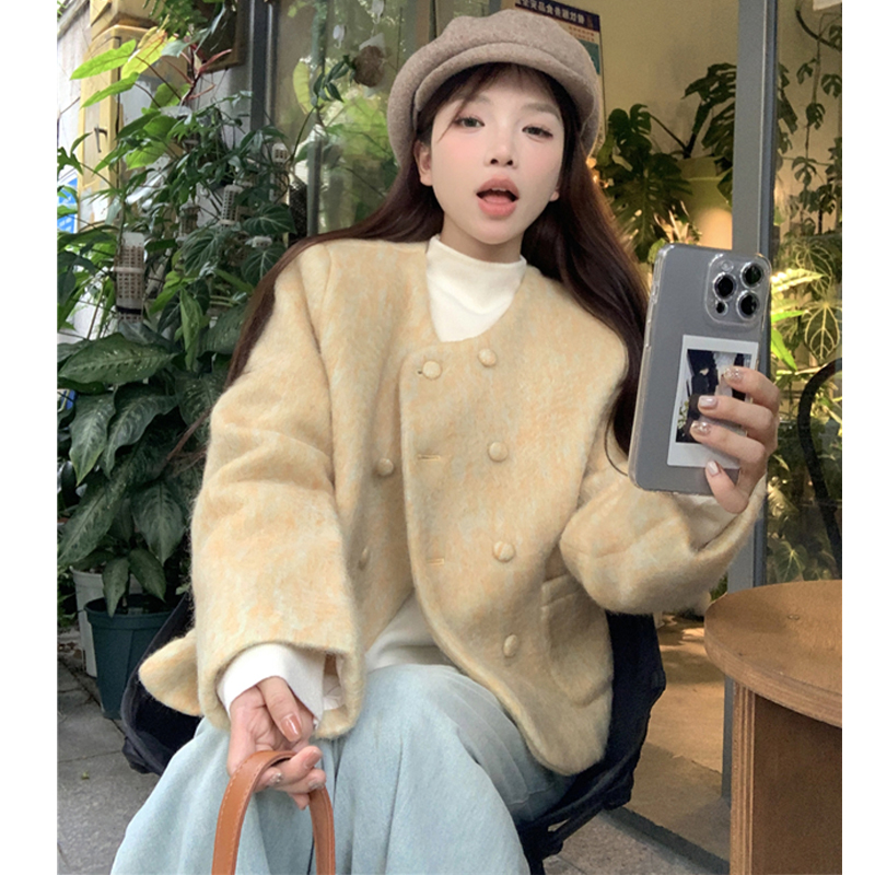 高级感圆领双排扣小香风夹棉外套