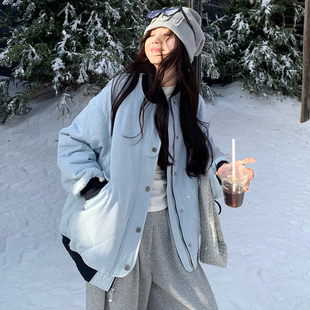 大码女装2025冬胖mm美式复古宽松休闲菱格夹棉加厚棒球服外套棉服