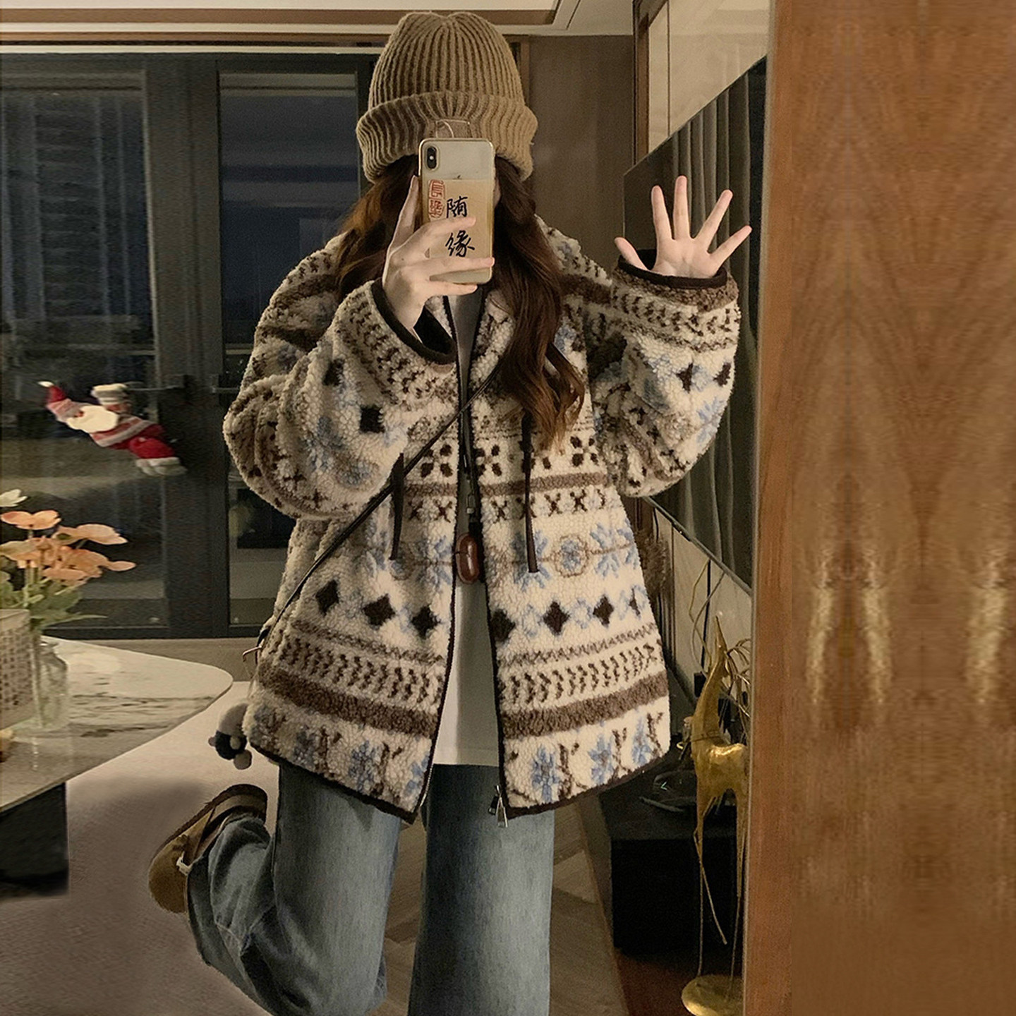 大码女装2025冬新款胖mm复古民族风印花费尔岛花纹羊羔毛毛绒外套,女装/女士精品,常规大码外套,淘宝优惠券,粉丝福利购,淘宝优惠卷