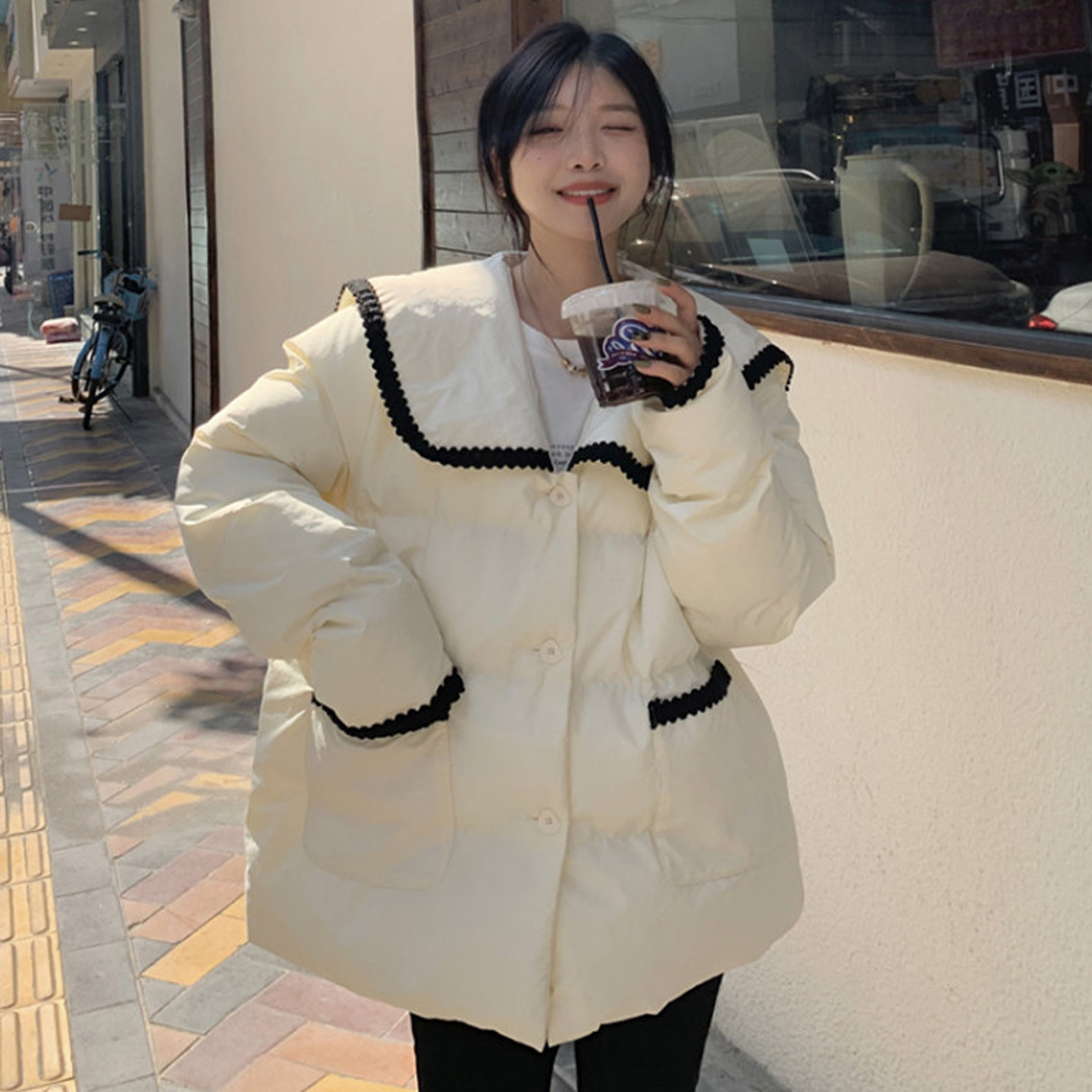 大码女装2025冬季新款韩版学院风宽松大翻领撞色减龄加厚棉衣棉服,女装/女士精品,大码棉服,淘宝优惠券,粉丝福利购,淘宝优惠卷