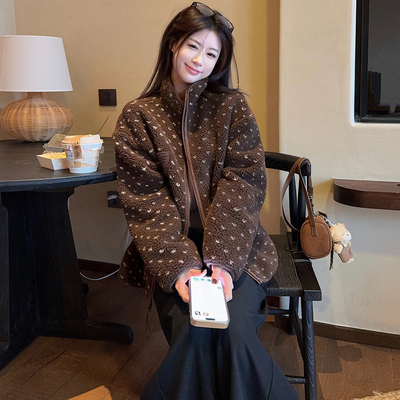 韩版针织拼接立领加厚羊羔毛外套