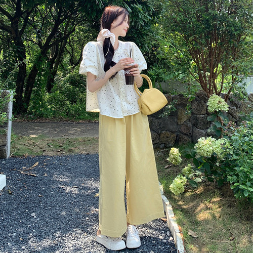 韩版波点衬衫奶黄高腰阔腿裤套装