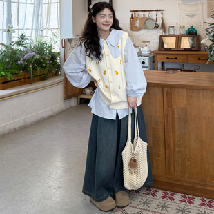 胖mm娃娃领衬衫 2026春季 小鸭子刺绣针织马甲 牛仔裤 大码 套装 女装