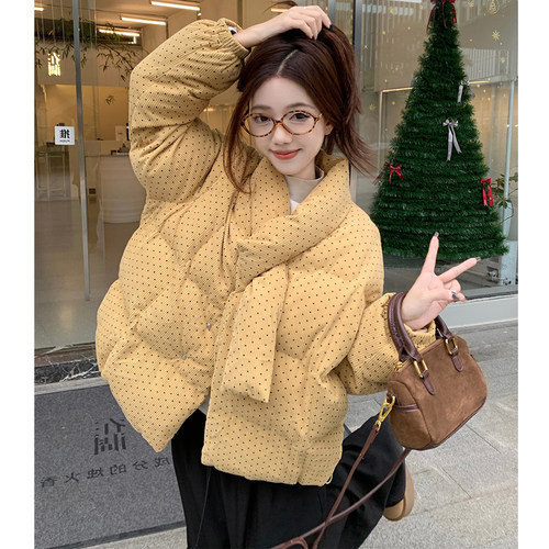 围脖领设计感波点灯芯绒保暖棉服