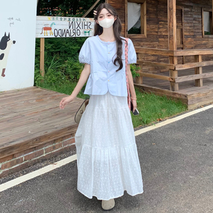 半身裙套装 大码 胖mm森系甜美花边拼接彩扣娃娃衫 女装 2025夏新款