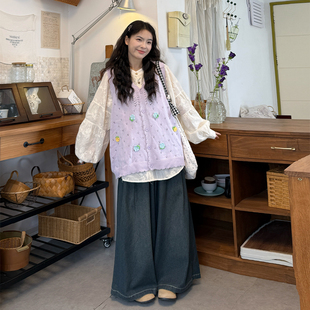 大码女装2026日系复古刺绣针织马甲三件套女春季宽松显瘦穿搭套装