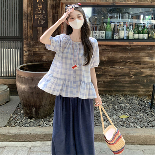 大码女装2025夏新款胖mm韩版宽松圆领格子娃娃衫+阔腿裤显瘦套装