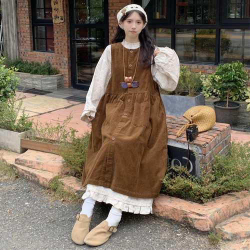 花连衣裙+灯芯绒马甲背心裙套装