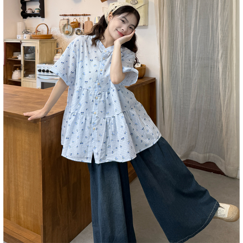 韩版甜美碎花衬衫阔腿牛仔裤套装