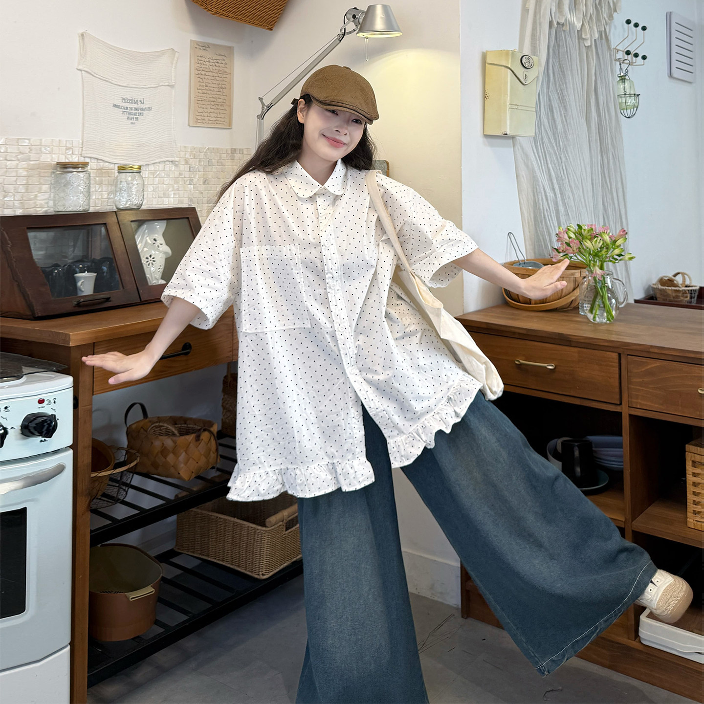 大码女装2026胖mm韩系甜美减龄波点短袖衬衫夏季宽松牛仔裤套装