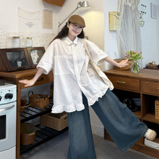 衬衫 2026胖mm韩系甜美减龄波点短袖 夏季 宽松牛仔裤 大码 套装 女装