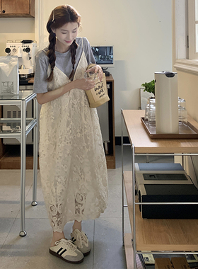 大码女装2025胖mm显瘦两件套韩版灰色T恤+重工刺绣蕾丝吊带连衣裙