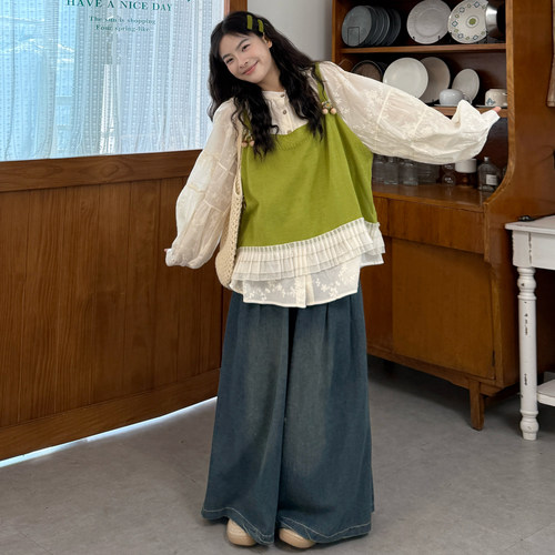 拼接针织吊带刺绣衬衫牛仔阔腿裤