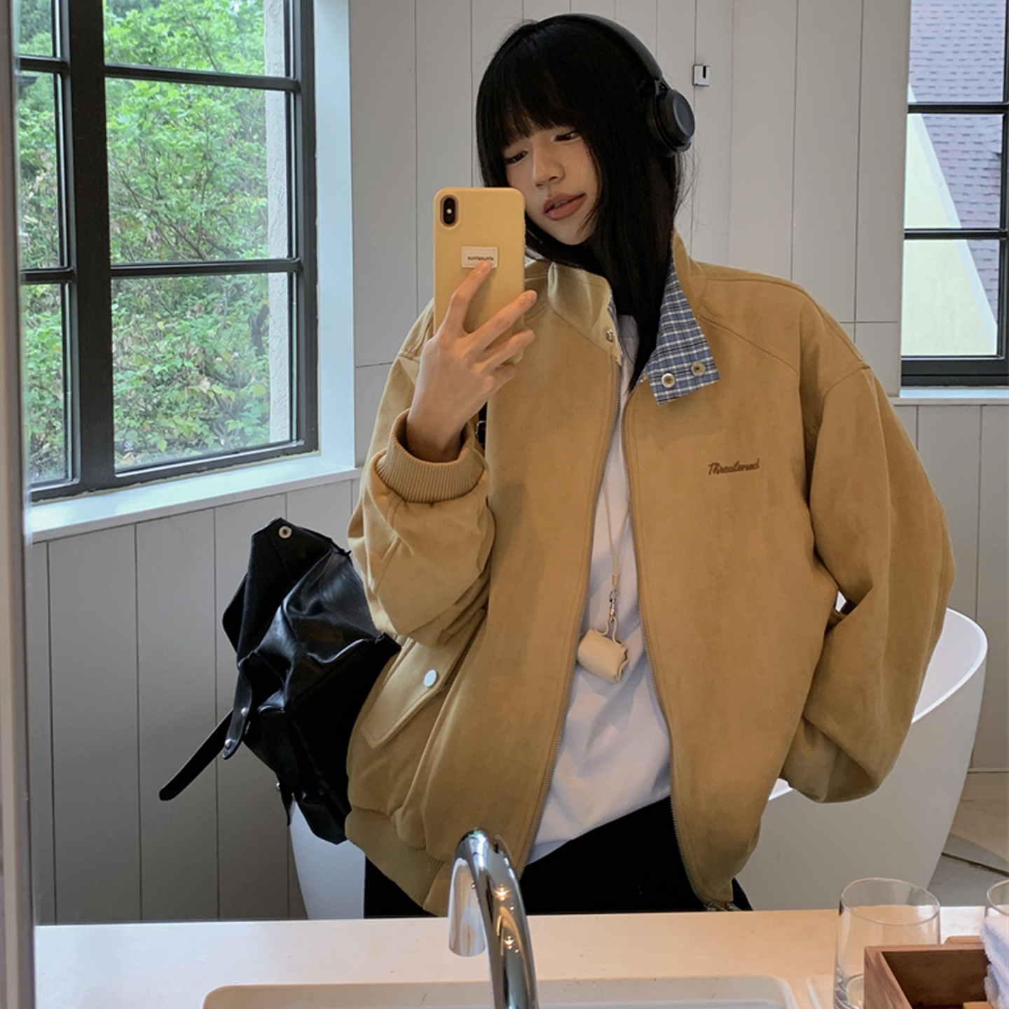 韩版立领撞色格子麂皮夹克外套潮