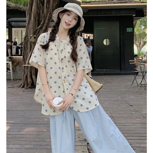 夏波点衬衫+高腰休闲阔腿裤套装