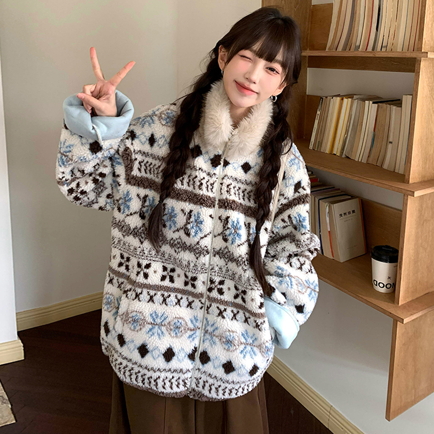 冬季毛领费尔岛加厚保暖毛毛外套