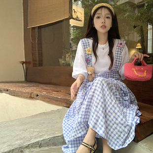 韩系重工立体花朵格子背带裙 大码 套装 胖mm炸街时尚 圆领T恤 女装