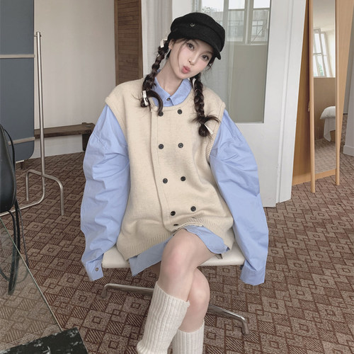 森系针织马甲设计感衬衫两件套