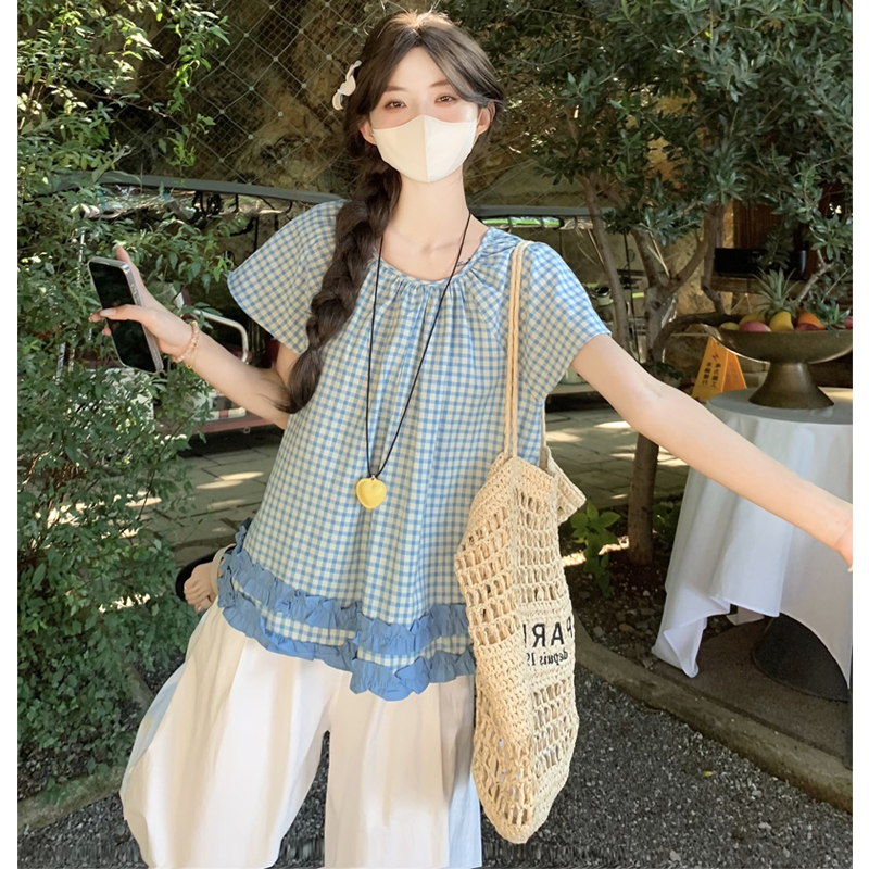 韩版圆领花边格子衬衫阔腿裤套装