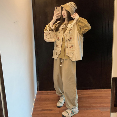 大码女装复古娃娃领衬衫裤子套装