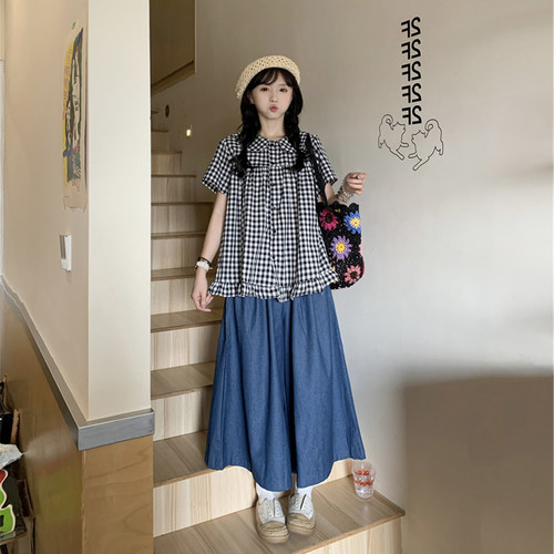 夏季大码日系格子衬衫显瘦两件套