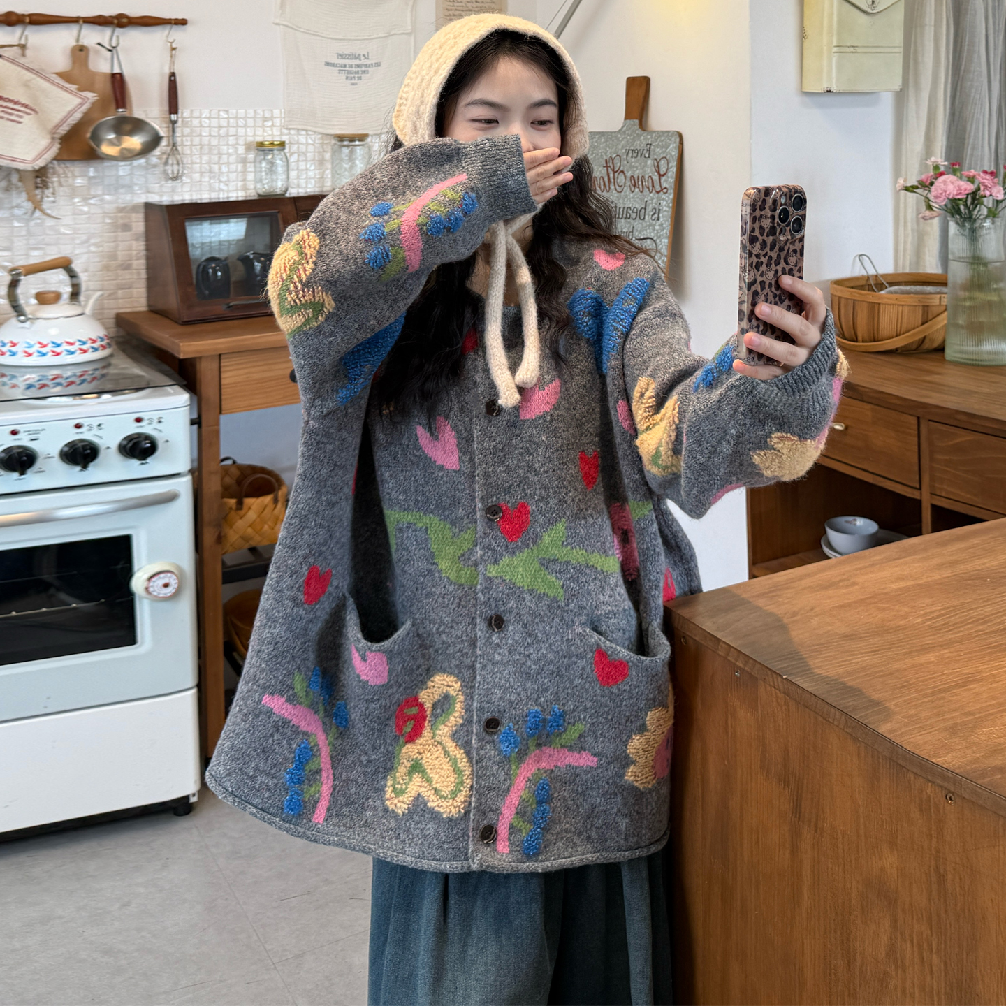 宽松提花针织毛衣外套牛仔裤套装