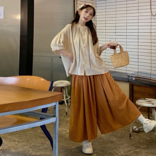 大码女装2026夏季新款胖mm复古宽松刺绣衬衫+百搭阔腿裤显瘦套装