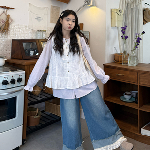 大码女装日系套装2026春季胖mm复古蕾丝花边衬衫马甲牛仔裤两件套