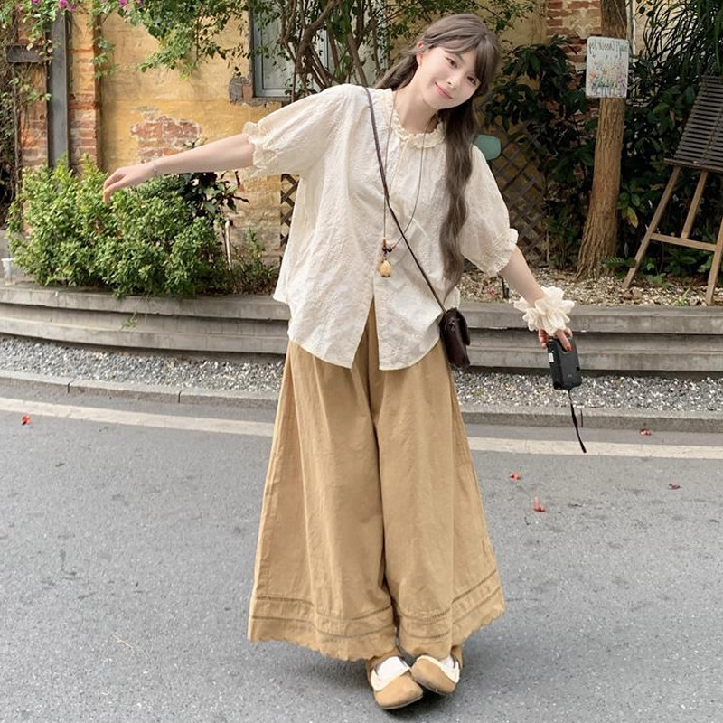 大码女装2025夏新款胖mm文艺刺绣花边领上衣+拼接阔腿裤显瘦套装