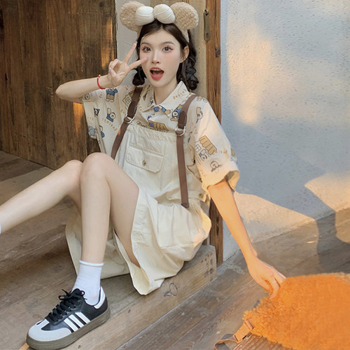 韩版卡通衬衫宽松奶杏背带裤套装