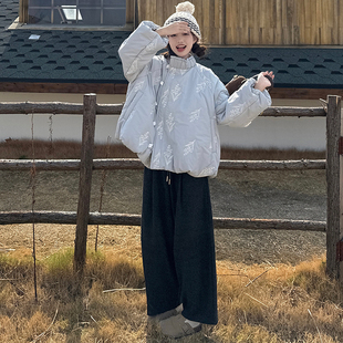 子套装 2025冬胖mm复古小众设计感立领刺绣花苞棉衣棉服裤 女装 大码