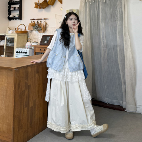 大码女夏季显瘦格子马甲三件套