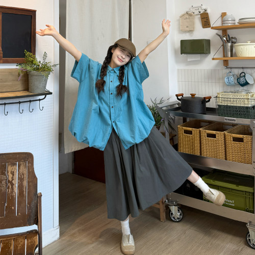 大码夏季显瘦花苞衬衫阔腿裤套装