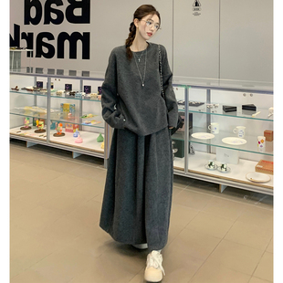 松紧腰花苞半身裙套装 2025早秋时髦高级感宽松针织上衣 女装 大码