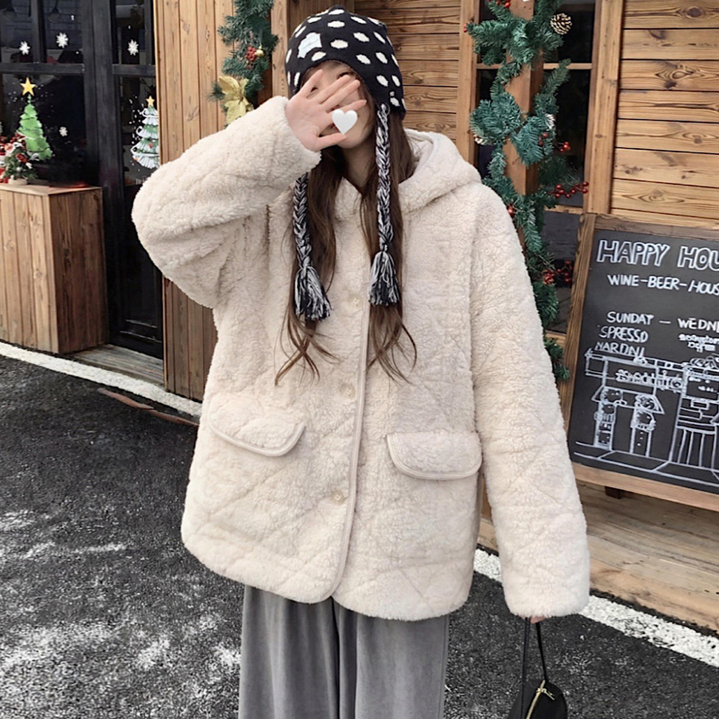 韩版菱格压花加厚羊羔毛连帽外套