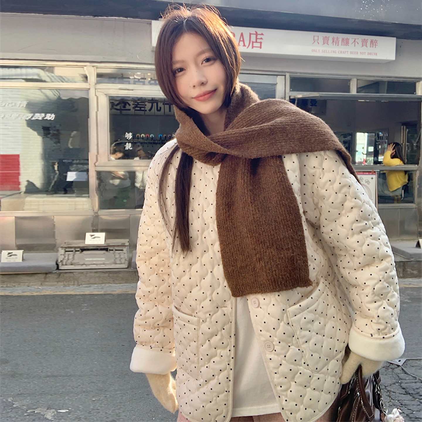 韩版宽松显瘦撞色波点灯芯绒棉服