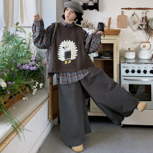 新款 胖mm复古宽松刺猬背心 格子衬衫 大码 套装 2025秋季 灯笼裤 女装