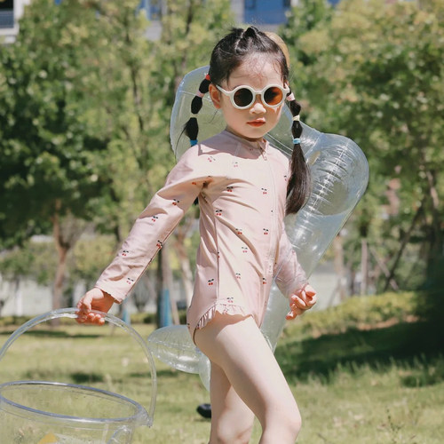 ins儿童游泳衣长袖防晒女孩公主连体速干泳衣套装中小童宝宝泳装