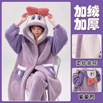 加厚珊瑚绒睡袍女冬季加绒浴袍宽松大版家居服套装双层保暖奇妙鸭
