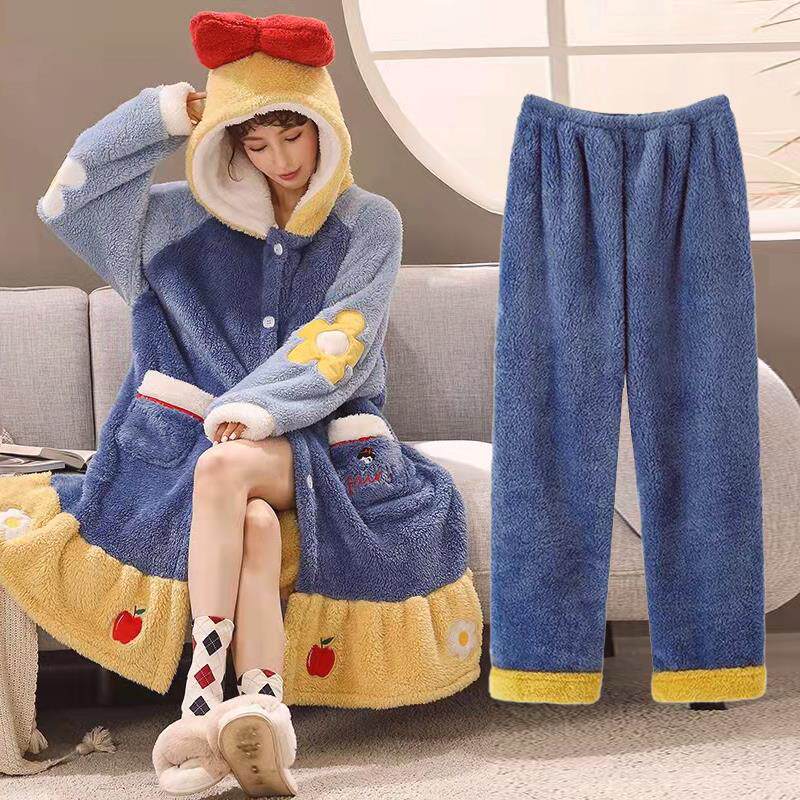 白雪公主睡衣女冬长款浴袍家居服套裝秋冬天珊瑚绒睡袍长裤两件套