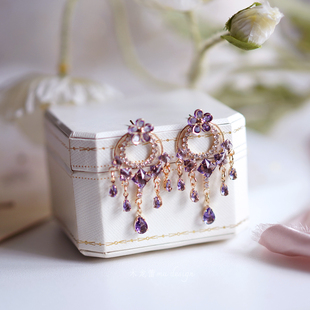 法式精致锆石紫色花朵流苏小众设计耳钉银针水晶复古气质耳饰耳坠