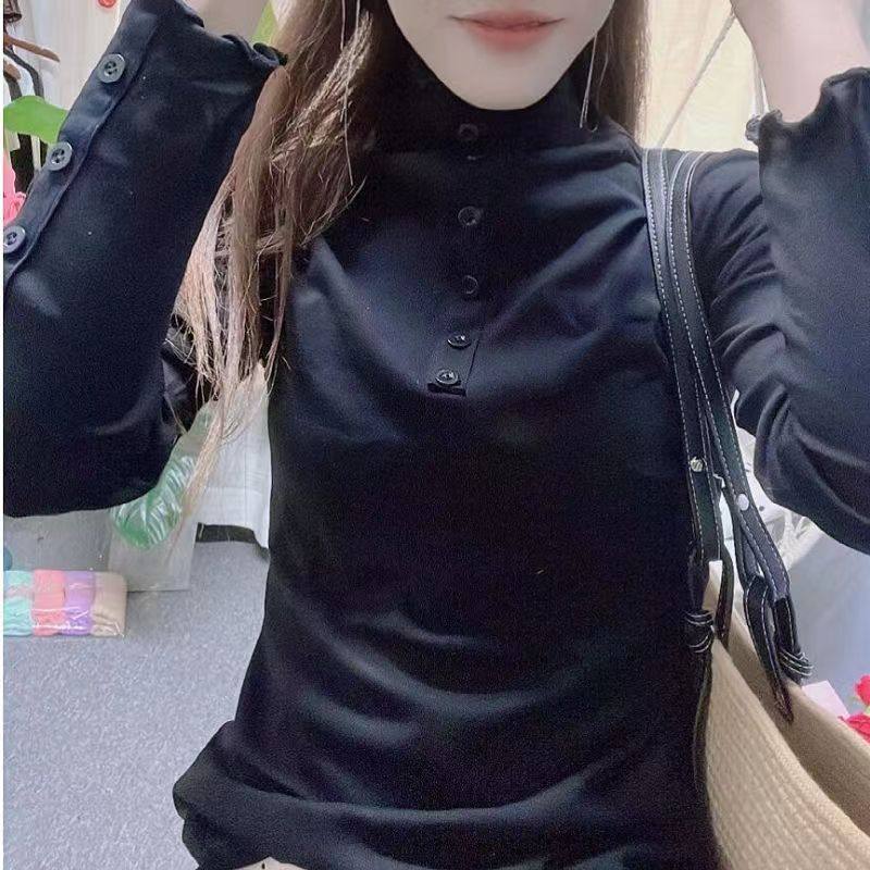 2025秋季韩版新款内搭贴身女士打底衫上衣半高领长袖木耳边弹力衫