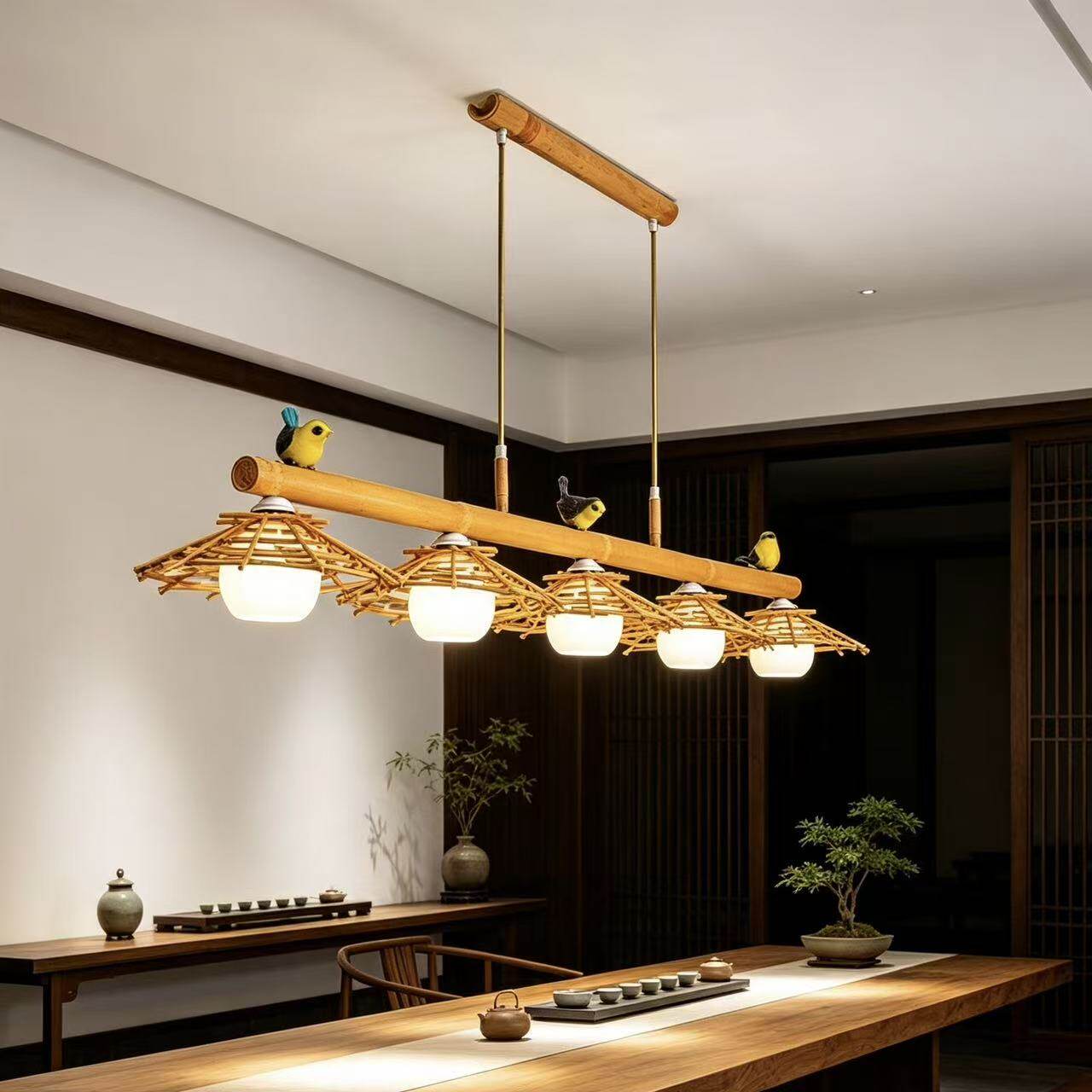 手工竹编小鸟装饰灯吧台长条吊灯