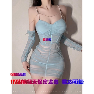 纯欲性感辣妹露肩网纱透明包臀连衣裙公主风甜美少女修身吊带裙女