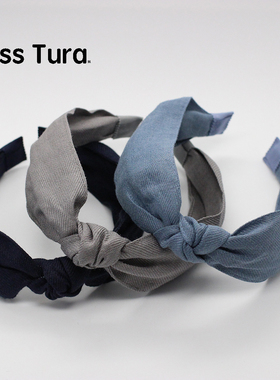 Miss Tura韩国浅蓝色小清新宽边打结发箍 深蓝色灰色宽边气质发箍