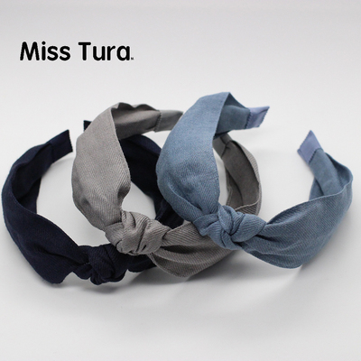 Miss Tura韩国浅蓝色小清新宽边打结发箍 深蓝色灰色宽边气质发箍