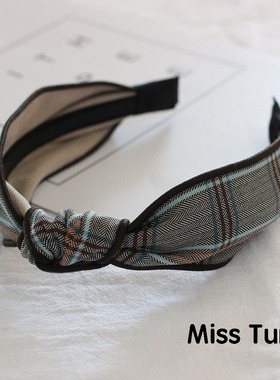 MissTura韩国 灰色复古格子发箍 中间打结简约布艺森女头箍发卡