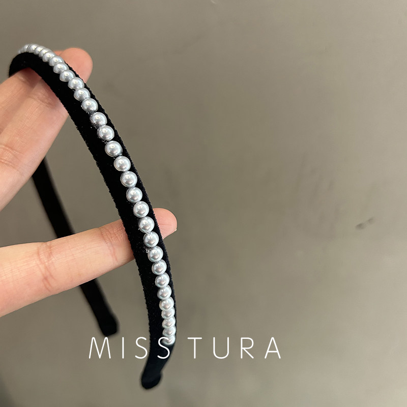 Miss Tura韩国进口黑色丝绒镶嵌珍珠窄发箍束发头箍发卡